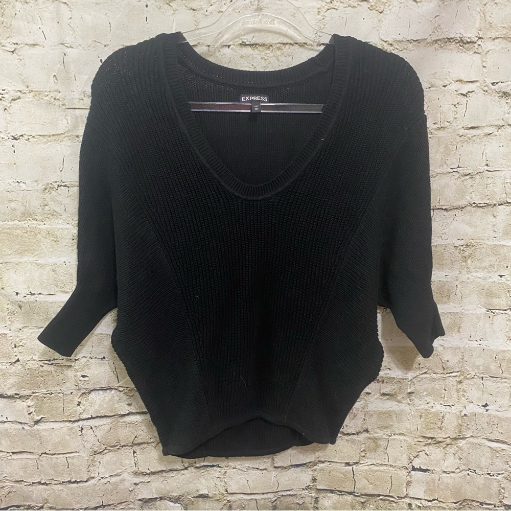 Express Black Knit Cotton Scoop Neck 3/4 Dolman Sleeve Sweater